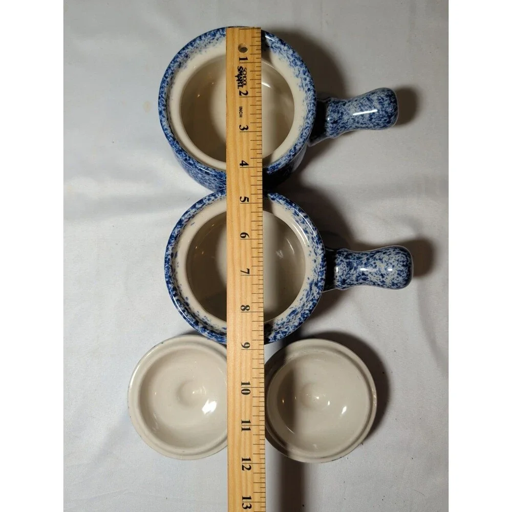 2 Vintage Stoneware Blue and White Splatterware or Spongeware lidded crock